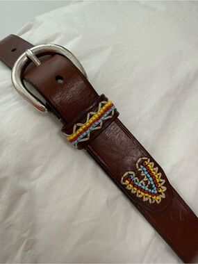 Fossil Brown Leather Belt with Multicolor Bead Accents